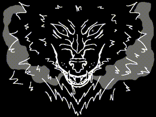 A livid beast lined in white on a black background with smoke fuming from its jaws.